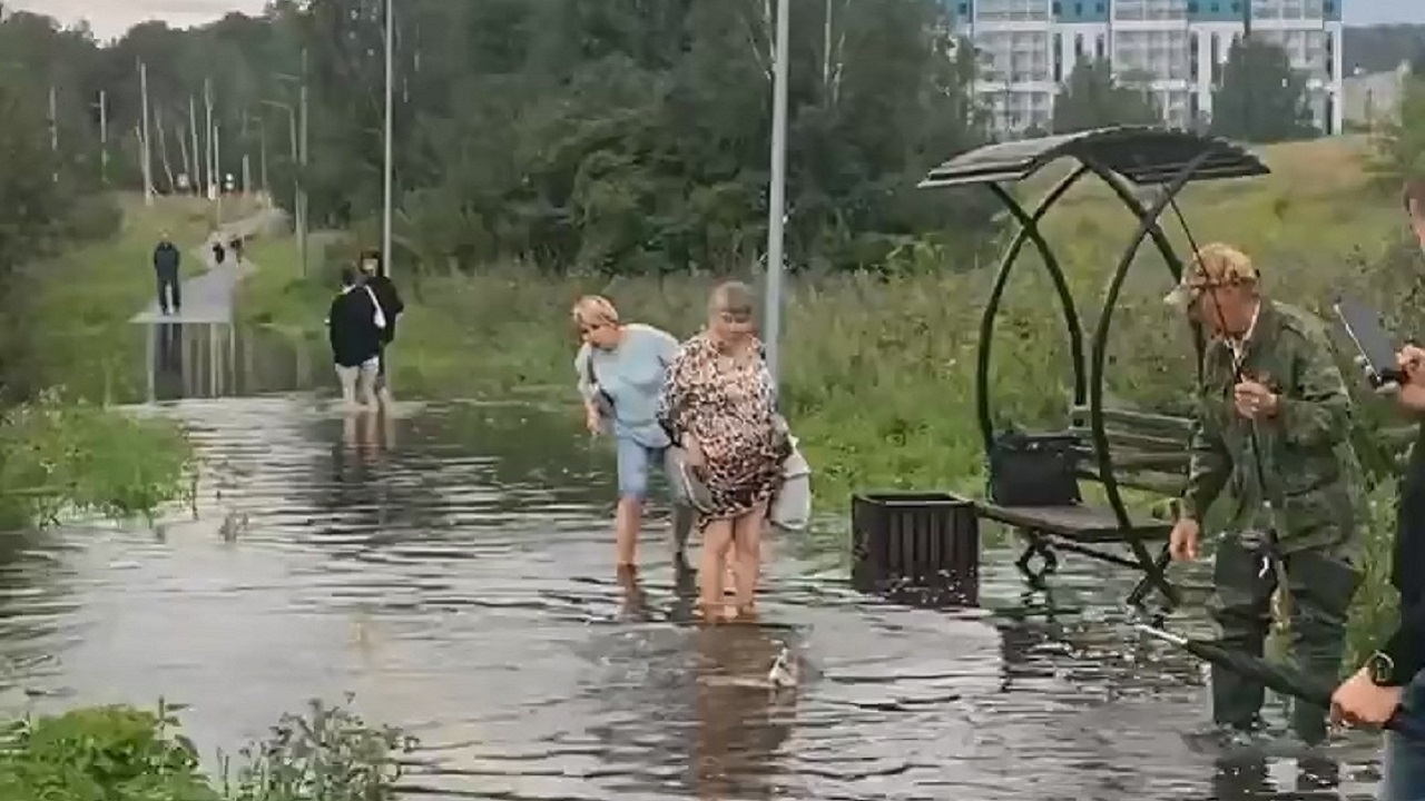 Житель Миасса поймал щуку на затопленной водой городской остановке